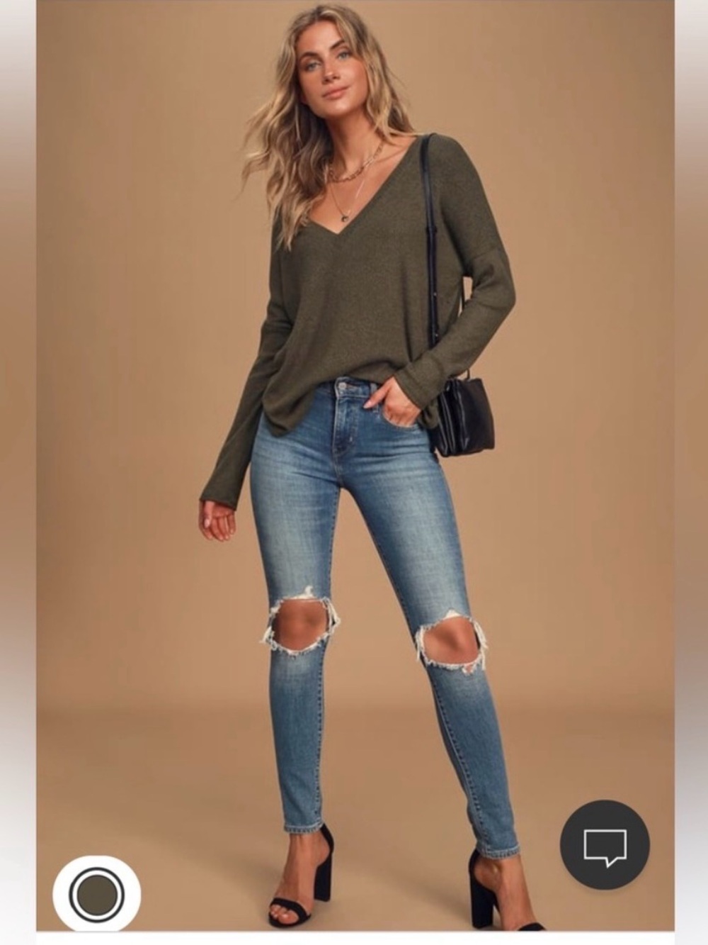 Lulu’s Just Vibing Olive Green Ribbed V-Neck Sweater Top - Picture 2 of 4